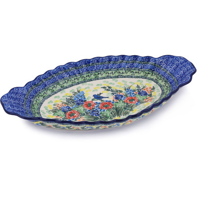 Polish Pottery Platter with Handles 16&quot; Blue Bird Meadow UNIKAT