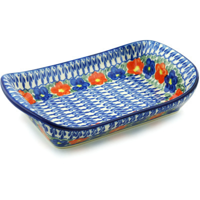 Polish Pottery Platter with Handles 9&quot; Floral Burst