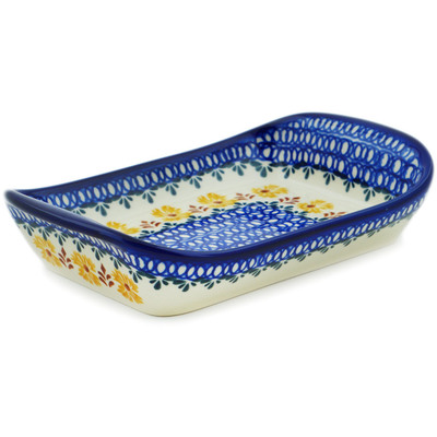 Polish Pottery Platter with Handles 9&quot; Golden Flower Garden