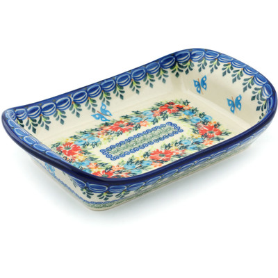 Polish Pottery Platter with Handles 9&quot; Ring Of Flowers UNIKAT