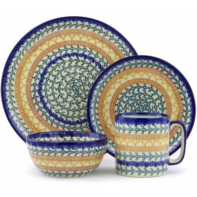 Polish Pottery Polish Pottery Place Setting 4-Piece: 10&frac12;&quot; dinner plate, 7&frac12;&quot; dessert or side plate, 5&frac14;&quot; bowl and a 12 oz mug Autumn Swirls