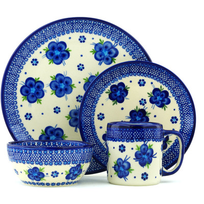 Polish Pottery Polish Pottery Place Setting 4-Piece: 10&frac12;&quot; dinner plate, 7&frac12;&quot; dessert or side plate, 5&frac14;&quot; bowl and a 12 oz mug Bleu-belle Fleur
