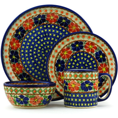 Polish Pottery Polish Pottery Place Setting 4-Piece: 10&frac12;&quot; dinner plate, 7&frac12;&quot; dessert or side plate, 5&frac14;&quot; bowl and a 12 oz mug Paradise Poppy