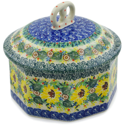 Polish Pottery Pretzel Jar 6&quot; Yellow Garden UNIKAT