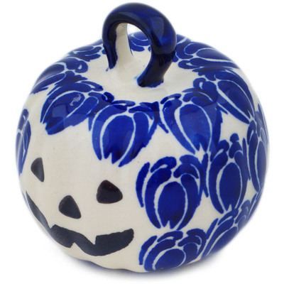 Polish Pottery Pumpkin Ornament 2&quot; Retro Blue Tulips