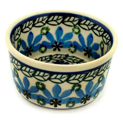 Polish Pottery Ramekin Bowl Small Blue Fan Flowers