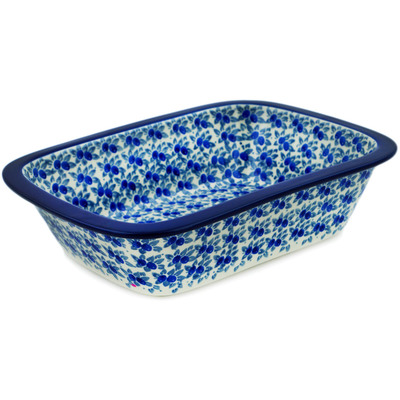 Polish Pottery Rectangular Baker 10&quot; Blue Olive Waves