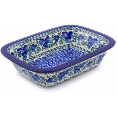 Polish Pottery Rectangular Baker 10&quot; Blue Pansy