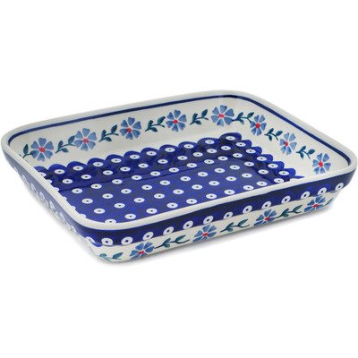 Polish Pottery Rectangular Baker 10&quot; Peacock Forget-me-not