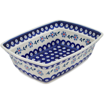 Polish Pottery Rectangular Baker 10&quot; Peacock Forget-me-not