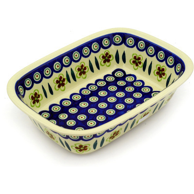 Polish Pottery Rectangular Baker 10&quot; Peacock Garden