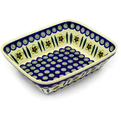 Polish Pottery Rectangular Baker 10&quot; Peacock Garden