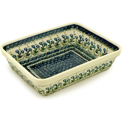 Polish Pottery Rectangular Baker 11&quot; Blue Daisy Circle