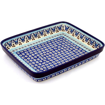 Polish Pottery Rectangular Baker 11&quot; Blue Ice