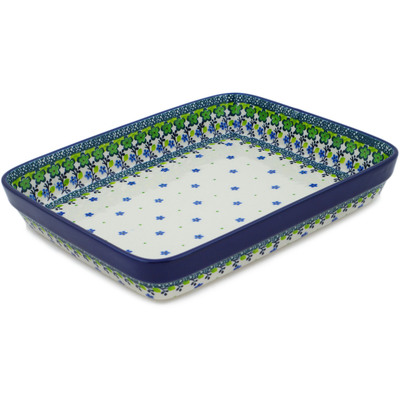 Polish Pottery Rectangular Baker 11&quot; Green Chrysanthemums UNIKAT