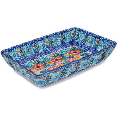 Polish Pottery Rectangular Baker 11&quot; Red Floral Delight UNIKAT