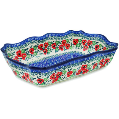 Polish Pottery Rectangular Baker 11&quot; Red Pansy