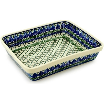 Polish Pottery Rectangular Baker 12&quot; Blue Leaf