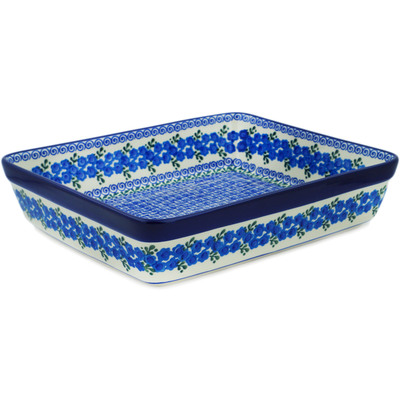 Polish Pottery Rectangular Baker 12&quot; Blue Poppy Wreath