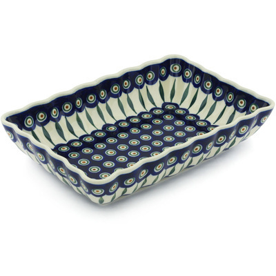 Polish Pottery Rectangular Baker 12&quot; Peacock Leaves