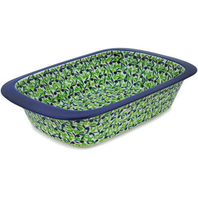 Polish Pottery Rectangular Baker 13&quot; Lime Bouquet UNIKAT