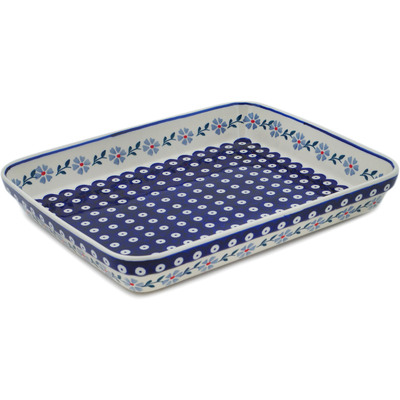 Polish Pottery Rectangular Baker 13&quot; Peacock Forget-me-not