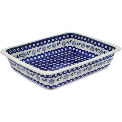 Polish Pottery Rectangular Baker 14&quot; Peacock Forget-me-not