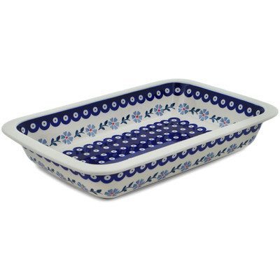 Polish Pottery Rectangular Baker 15&quot; Peacock Forget-me-not