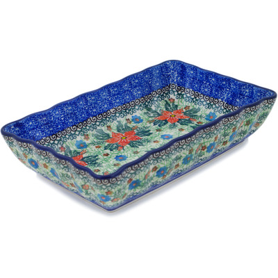 Polish Pottery Rectangular Baker 9&quot; Red Jackmanii UNIKAT