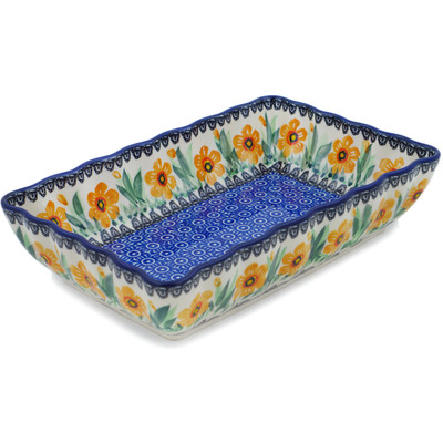 Polish Pottery Rectangular Baker 9&quot; Yellow Daffodil Field UNIKAT