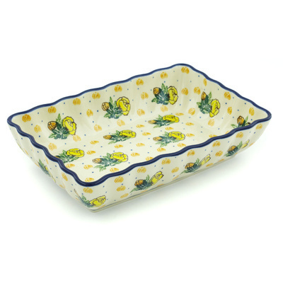 Polish Pottery Rectangular Baker 9&quot; Yellow Rose Of Texas