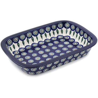Polish Pottery Rectangular Baker with Grip Lip 10-inch Peacock Leaves