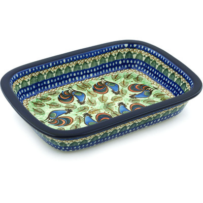 Polish Pottery Rectangular Baker with Grip Lip 10-inch Rooster Row UNIKAT