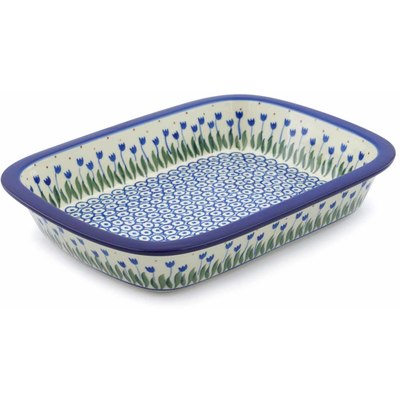 Polish Pottery Rectangular Baker with Grip Lip 10-inch Water Tulip