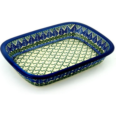 Polish Pottery Rectangular Baker with Grip Lip 12-inch Blue Alpine