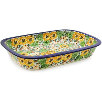 Polish Pottery Rectangular Baker with Grip Lip 12-inch Country Sunflower UNIKAT