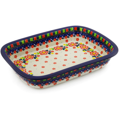 Polish Pottery Rectangular Baker with Grip Lip 12-inch Floral Puzzles UNIKAT