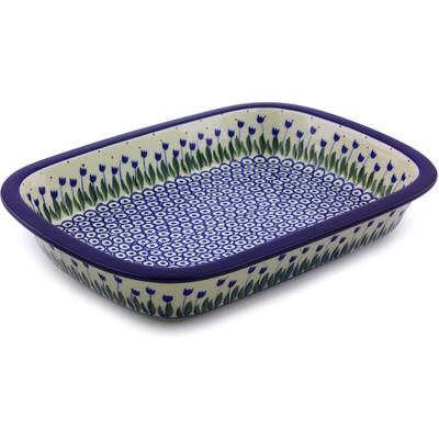 Polish Pottery Rectangular Baker with Grip Lip 12-inch Water Tulip