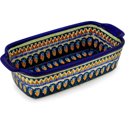 Polish Pottery Rectangular Baker with Handles 10&quot; Cathedral Window