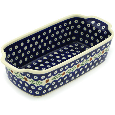 Polish Pottery Rectangular Baker with Handles 10&quot; Peacock Hollies