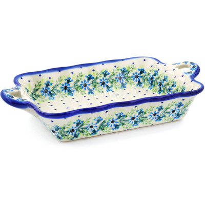 Polish Pottery Rectangular Baker with Handles 12&quot; Blue Wreath