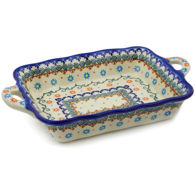 Polish Pottery Rectangular Baker with Handles 12&quot; Sunflower Dance