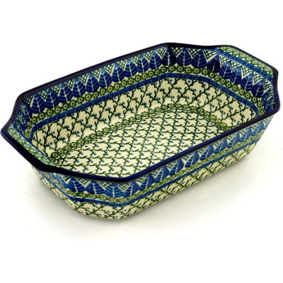 Polish Pottery Rectangular Baker with Handles 14&quot; Blue Alpine