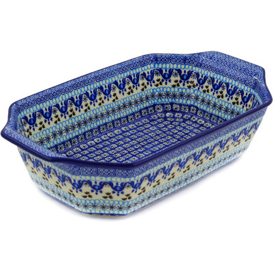Polish Pottery Rectangular Baker with Handles 14&quot; Blue Ice