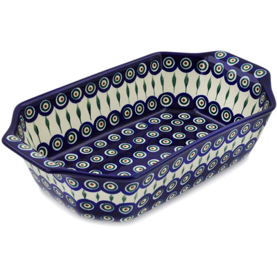 Polish Pottery Rectangular Baker with Handles 14&quot; Peacock Leaves