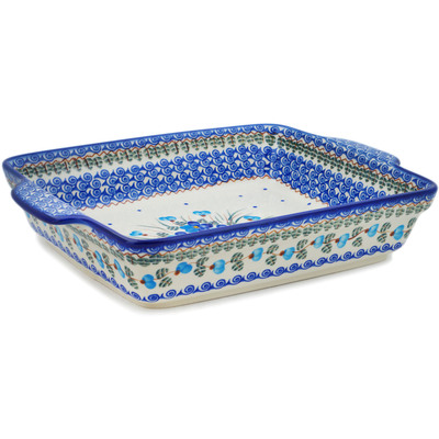 Polish Pottery Rectangular Baker with Handles 15&quot; Blue Pansy