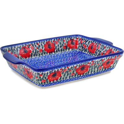 Polish Pottery Rectangular Baker with Handles 15&quot; Lone Poppy