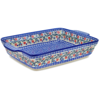 Polish Pottery Rectangular Baker with Handles 15&quot; Neon Wreath