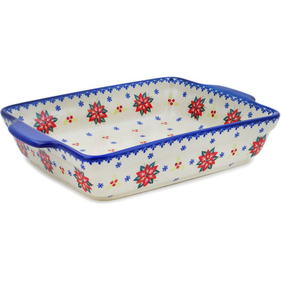 Polish Pottery Rectangular Baker with Handles 15&quot; Poinsettia Charm