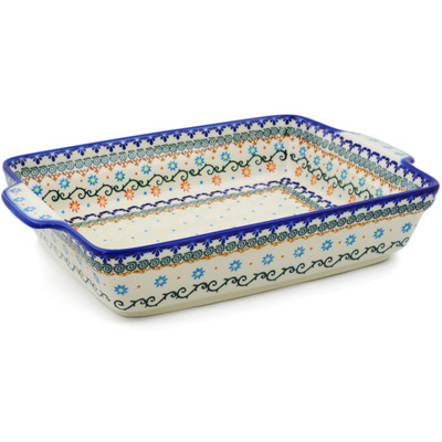 Polish Pottery Rectangular Baker with Handles 15&quot; Sunflower Dance